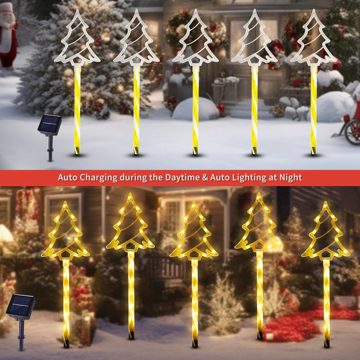 Christmas Solar Pathway Lights Outdoor Decorations, 8 Modes Xmas Tree Candy Lights Waterproof Led Garden Stake Light for Walkway Yard Lawn Porch Holiday Decor 5-Pack