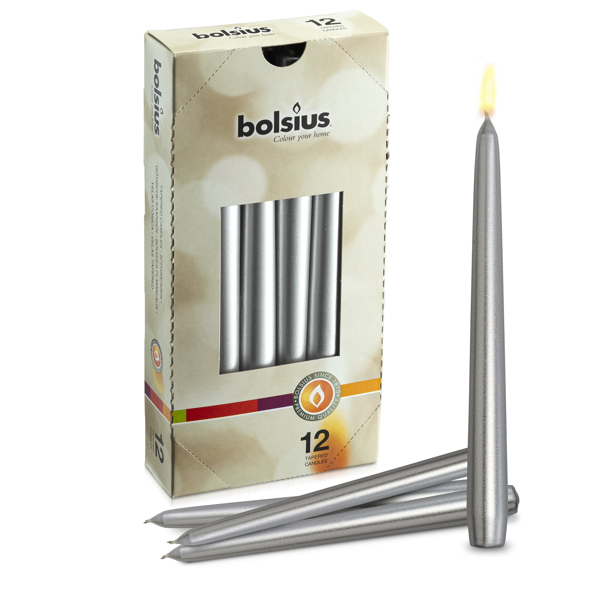 BOLSIUS Taper Candles in Cello Wrap Set of 12 Silver Taper Candles