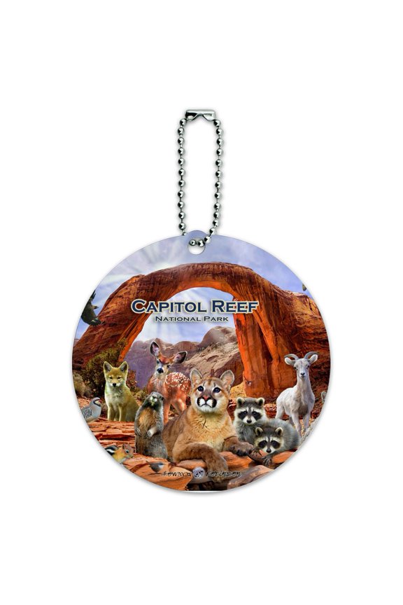 Capitol Reef National Park Utah UT Animals Cougar Prairie Dog Deer Raccoon Round Luggage ID Tag Card Suitcase Carry-On