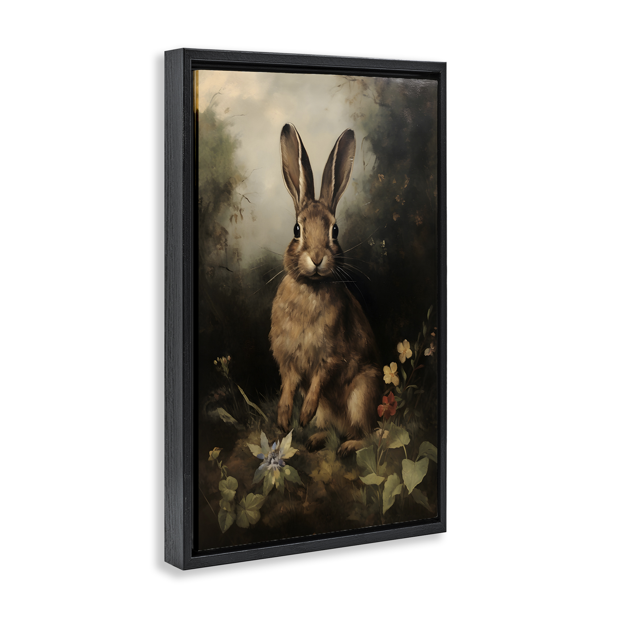 Stupell Industries Bunny in Nature Animals & Insects Painting Black Floater Framed Canvas Art Print Wall Art, 21 x 31