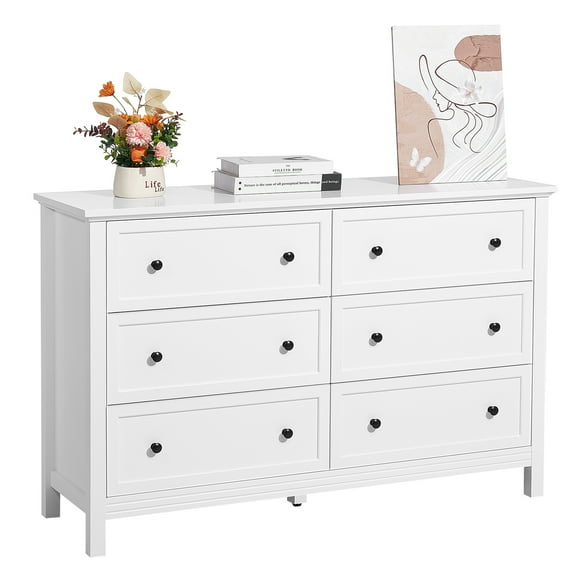VEVOR 6 Drawer Dresser, Wooden Chest of Drawers with Sliding and Anti-tip Device, Retro Minimalist Dresser Chest, Closet Storage TV Stand Organizer for Living Room, Hallway, Bedroom, Entryway, White