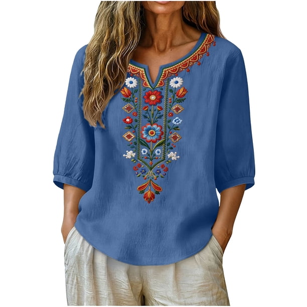 Neewe Women's Embroidered Tops 3/4 Sleeve Traditional Boho Shirts for Women V Neck Peasant Tunic Blouses