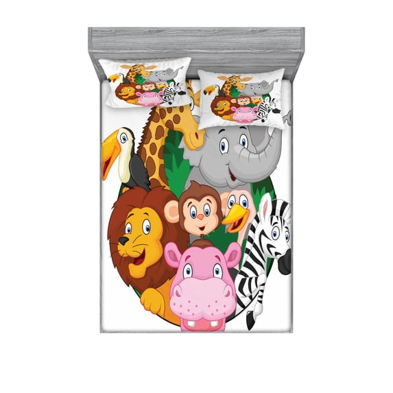 Cartoon Bedding Set with Sheet & Covers, Exotic Safari Animals All Together Comic Creature Zebra Elephant Friend Sketch, Printed Bedroom Decor 2 Shams, 4 Sizes, Multicolor, by Ambesonne