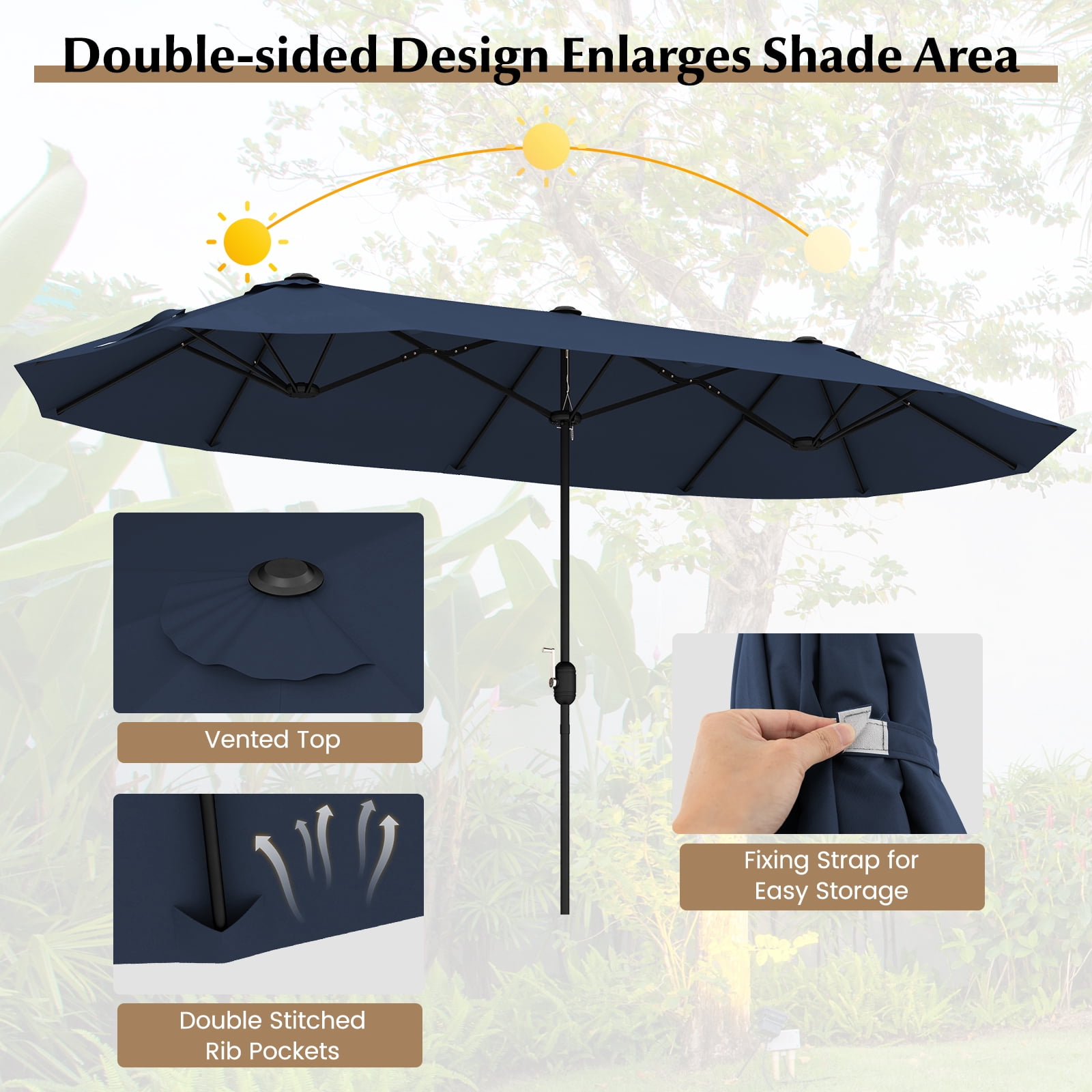 Gymax 13FT Double-sided Patio Umbrella w/ Crank Handle Umbrella Base Safety Lock Navy