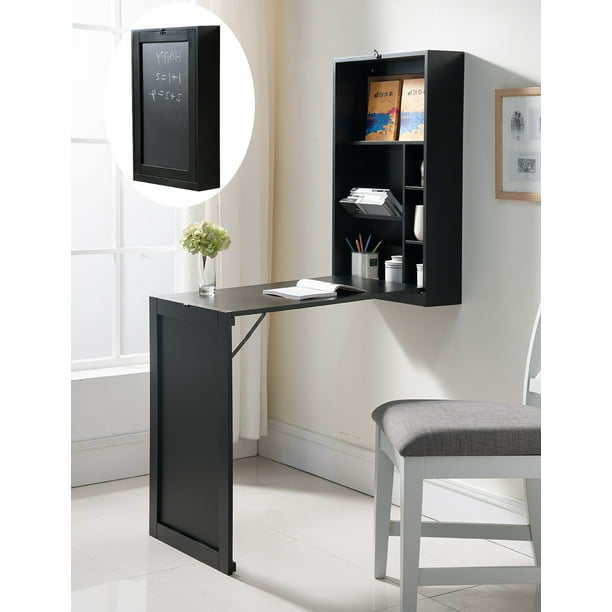 Renata WallMounted FoldOut Convertible Workstation Desk, Black Wood