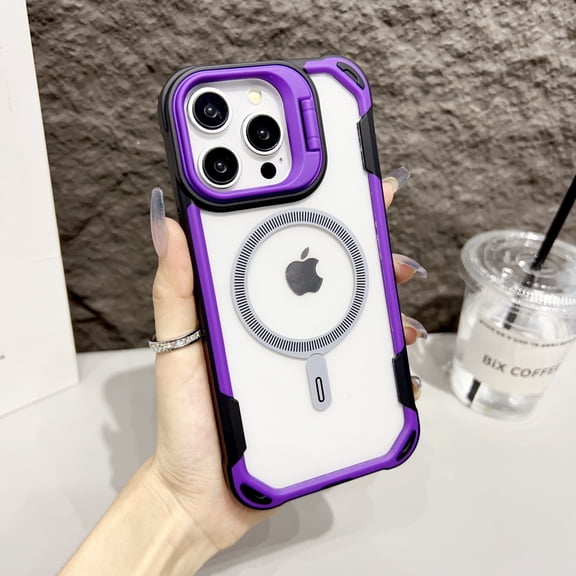 For iPhone 13 Pro Max Magnetic Phone Case,With Contractile Lens Ring Kickstand,Heavy Duty Shockproof Protection,Compatible with Mag-Safe,Transparent Back,Rugged Durable Phone Case,Purple