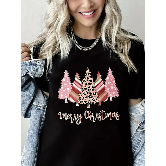 Merry Christmas Tshirt Christmas Trees Print Pure Cotton Short Sleeve Shirt for Women