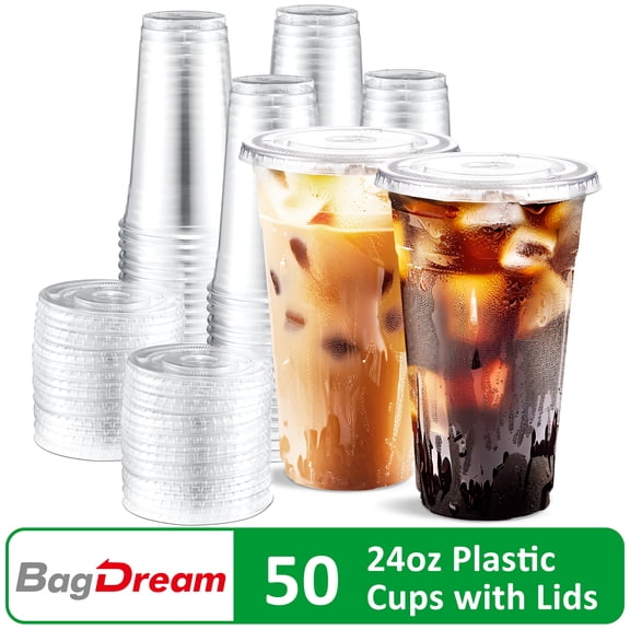 BagDream 50 Pack 24 oz Clear Plastic Cups with Lids, Disposable Clear Ice Coffee Cups with Lids for Cold Drinks, Smoothies, Party Supplies
