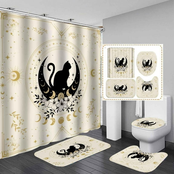 4PCS Moon Phase Shower Curtain Sets with Rugs, Waterproof Fabric Black Shower Curtain, Night Mystic Celestial Boho Floral Plant Wildflower Butterfly Strawberry Mushroom Witchy Bathroom Decor