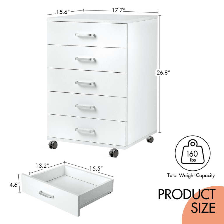 5 Drawer Chest, Wood Storage Dresser Cabinet with Wheels, Craft Storage Organization Inbox Zero Finish: White