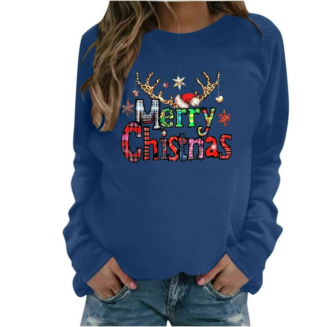 lcziwo Chandails de Noël Laids pour Femmes 2024 Amusants Xmas Graphiques Col Rond Chandails à Enfiler Hauts Manches Longues Col Rond Chandails Bleu,m