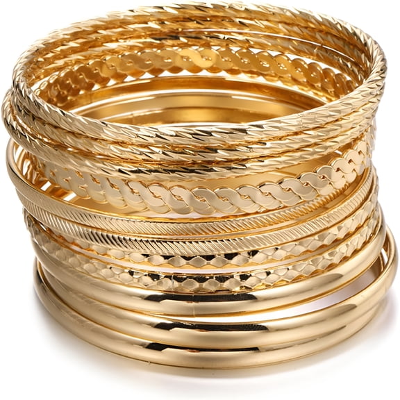 DESIGNICE Gold Bangle Bracelets for Women – 12-Piece Stackable Boho Indian Style Bangles – 14K Gold Plated Jewelry for Elegant and Sexy Looks Stackable Bracelets