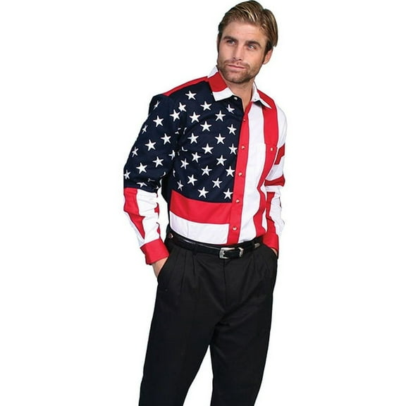 Scully Rangewear Men's Patriotic American Flag Long Sleeve Western Shirt, Red, XX-Large