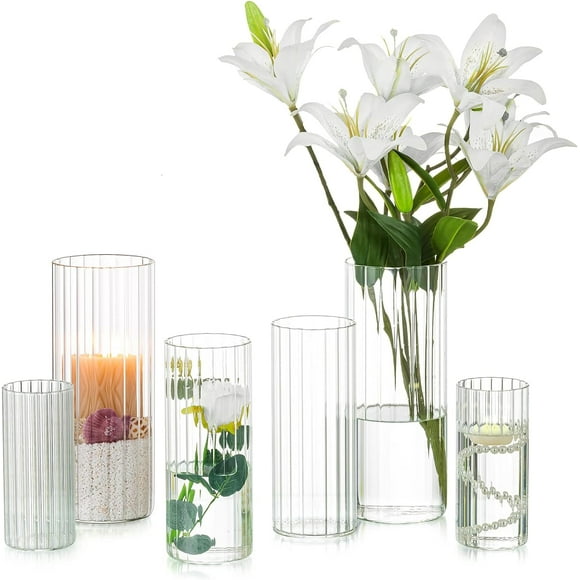 Glass Cylinder Ribbed Vases Set of 6, Tall Clear Vase for Centerpieces, Hurricane Candle Holders for Pillar or Floating Candles, Round Vases