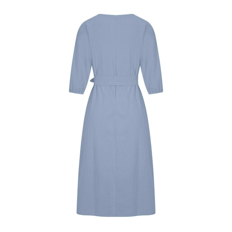 fartey Womens Plus Size Cotton Linen Dress with Waist Tie Solid Color Maxi  Dresses Tunic Fitted 3/4 Puff Sleeves Sundress Breathable Casual Round Neck  ...