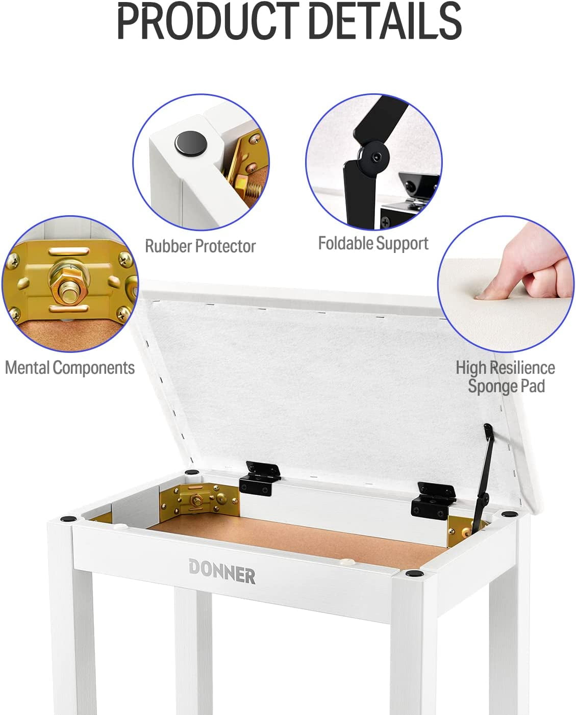 Donner Piano Bench with Storage, Solid Wood Keyboard Bench Piano Bookcase Stool Chair Seat with High-Density Suede Cushion, White