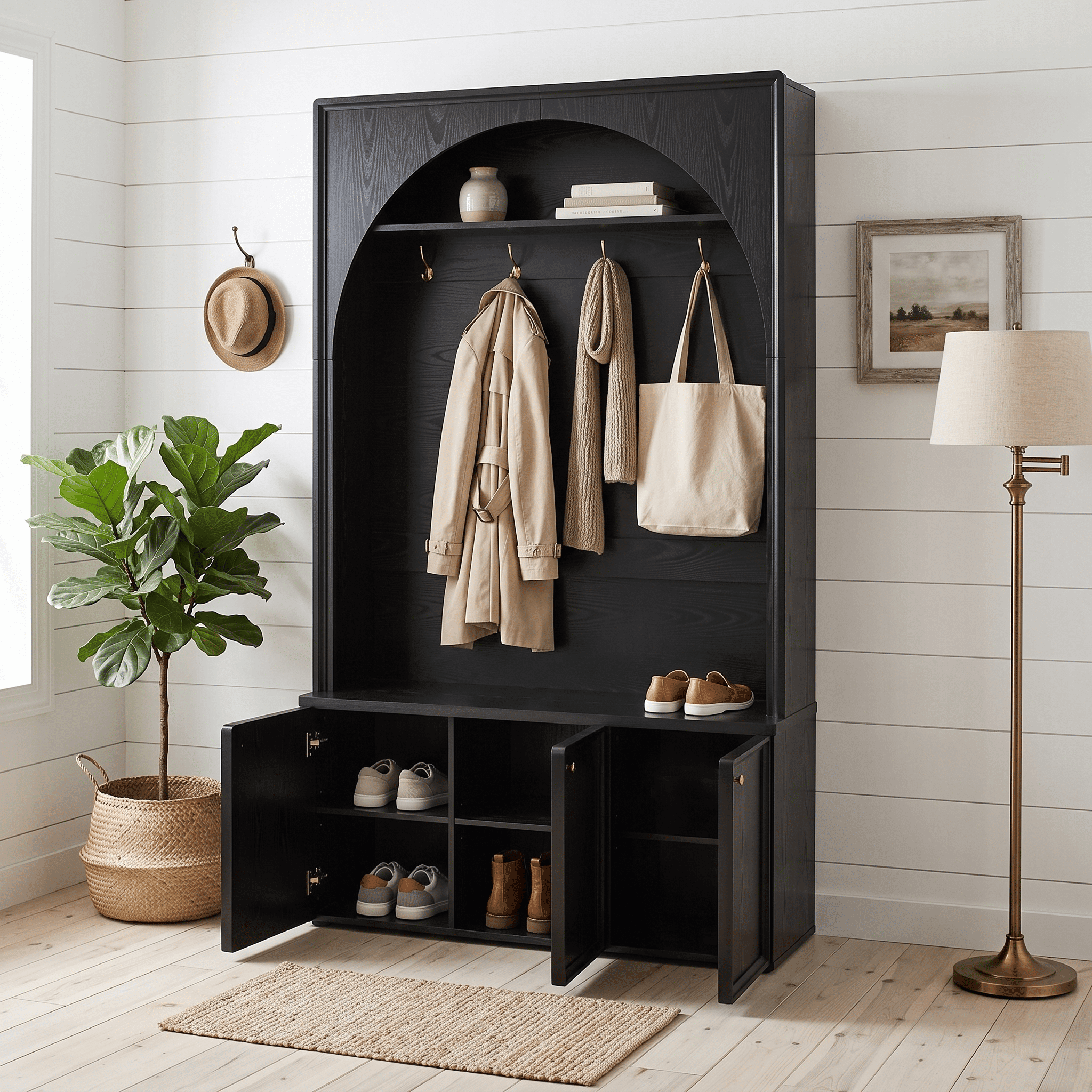 Homy Casa 77.5" Hall Tree Entryway Coat Rack with 3-Door Storage Cabinet, Black