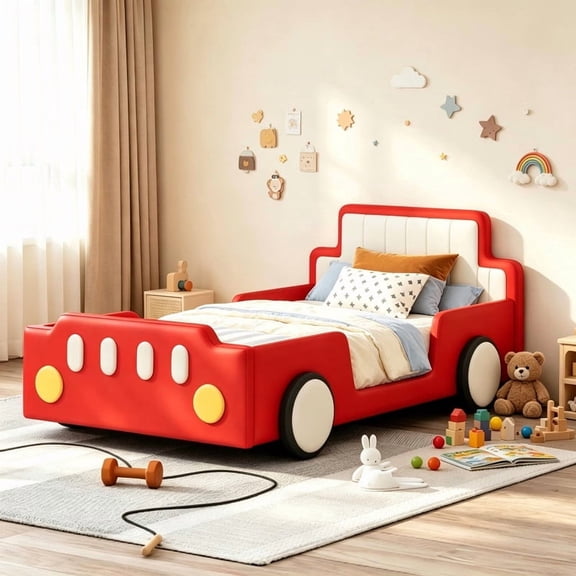 Bellemave Twin Size Race Car Bed Platform Bed with Wheels, Low Profile Twin Bed with Upholstered Backrest, Twin Size Bed wirh Wooden Slats for Boys Girls Kids, Red
