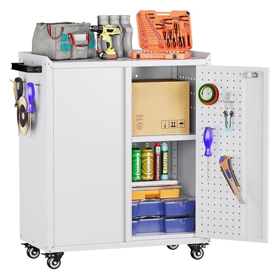 34.3" H Garage Storage Cabinet with Wheels,Lockable Metal Storage Cabinet with 2 Doors for Garage Home Office Storage,White,Assembly Required