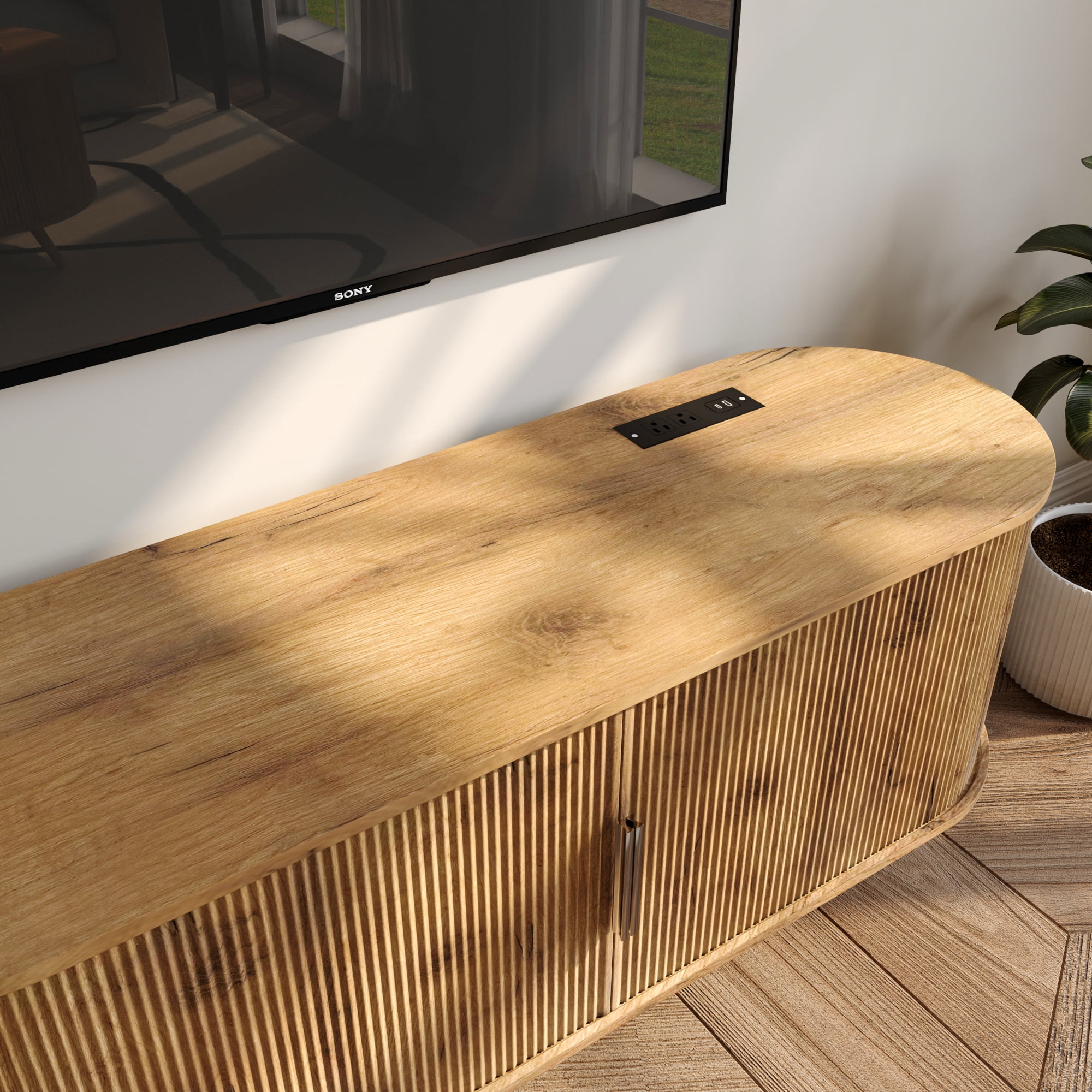 50 inch TV Stand with Power Outlet, Fluted Entertainment Center for TVs Up to 55 inch, Modern TV Console with Large Storage & Sliding Doors, Media Console for Living Room/Bedroom, Nature Oak