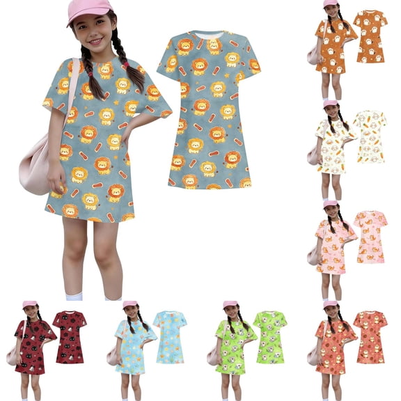 Grblisyd Girls Dress Summer Cute Animal Print A Line Short Sleeve Crew Neck T-Shirt Dress for Kids Casual 3-12 Y