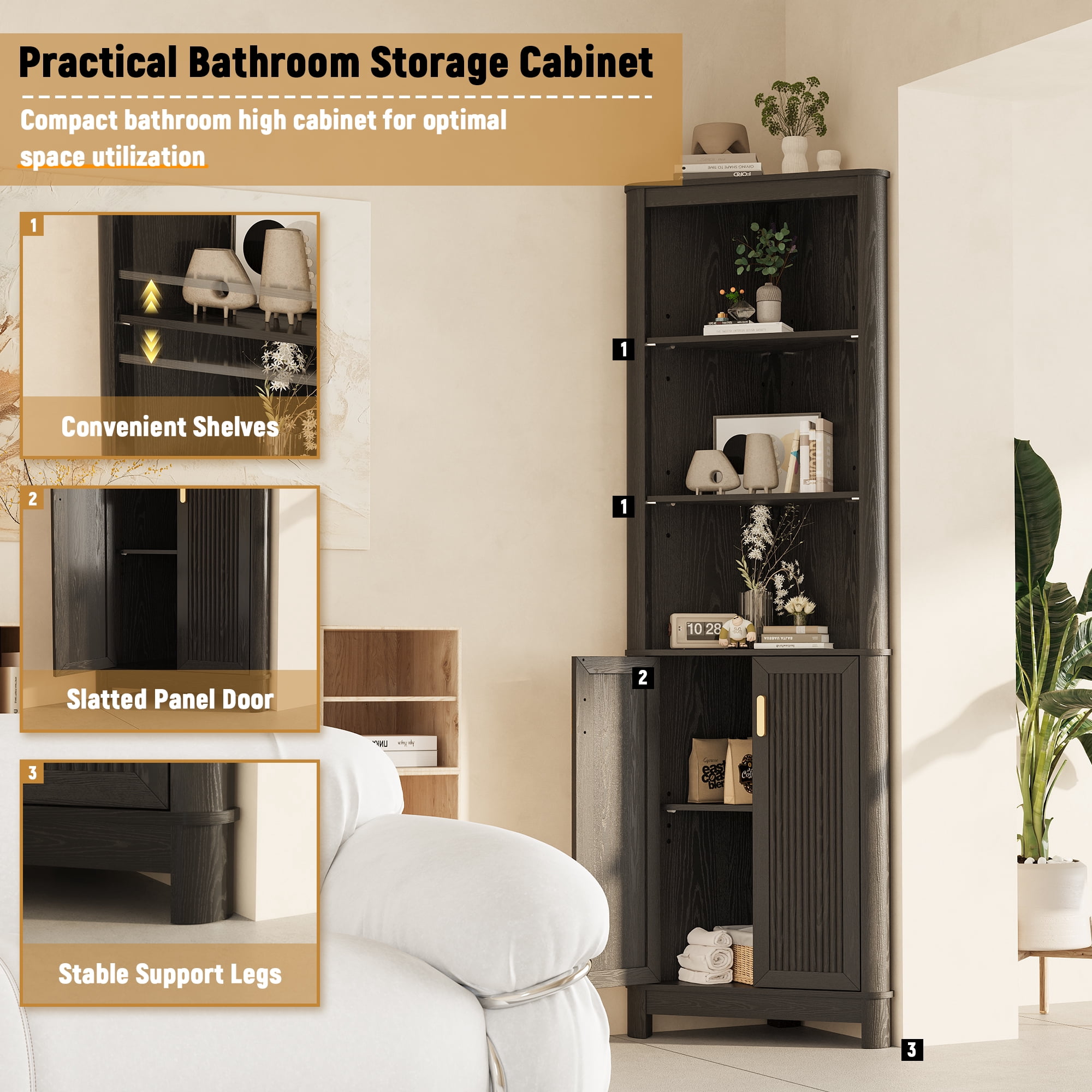 68" Tall Fluted Corner Cabinet for Bathroom, Modern Living Room & Kitchen - 5 Adjustable Shelves, Space-Saving Black Storage, Curved Profile Design