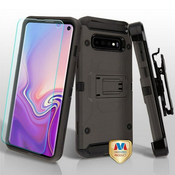 Samsung Galaxy S10 (6.1") Phone Case Hybrid Kinetic Armor Rugged TPU Dual Layer Hard Protective Cover Swivel Belt Clip Holster   Tempered Glass GRAY Case for Samsung Galaxy S10 (2019 Model)