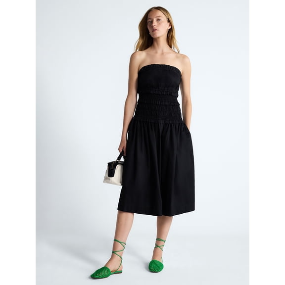 Free Assembly Women's and Women's Plus Strapless Cotton Poplin Tiered Midi Dress, Sizes XS-4X