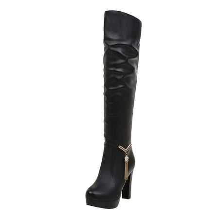 

Wesracia Boots For Women Winter Boots Round Women s Fashion Breathable Chunky Shoes Heels Boots Thigh Solid Toe High Women s Boots