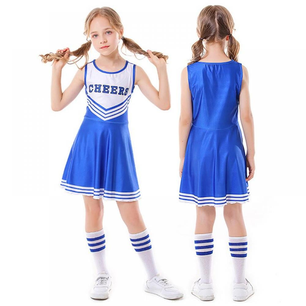 lontakids Cheerleader Costume for Girls Cheerleading Uniform Dress Outfit  with Stockings 2 Pom Poms