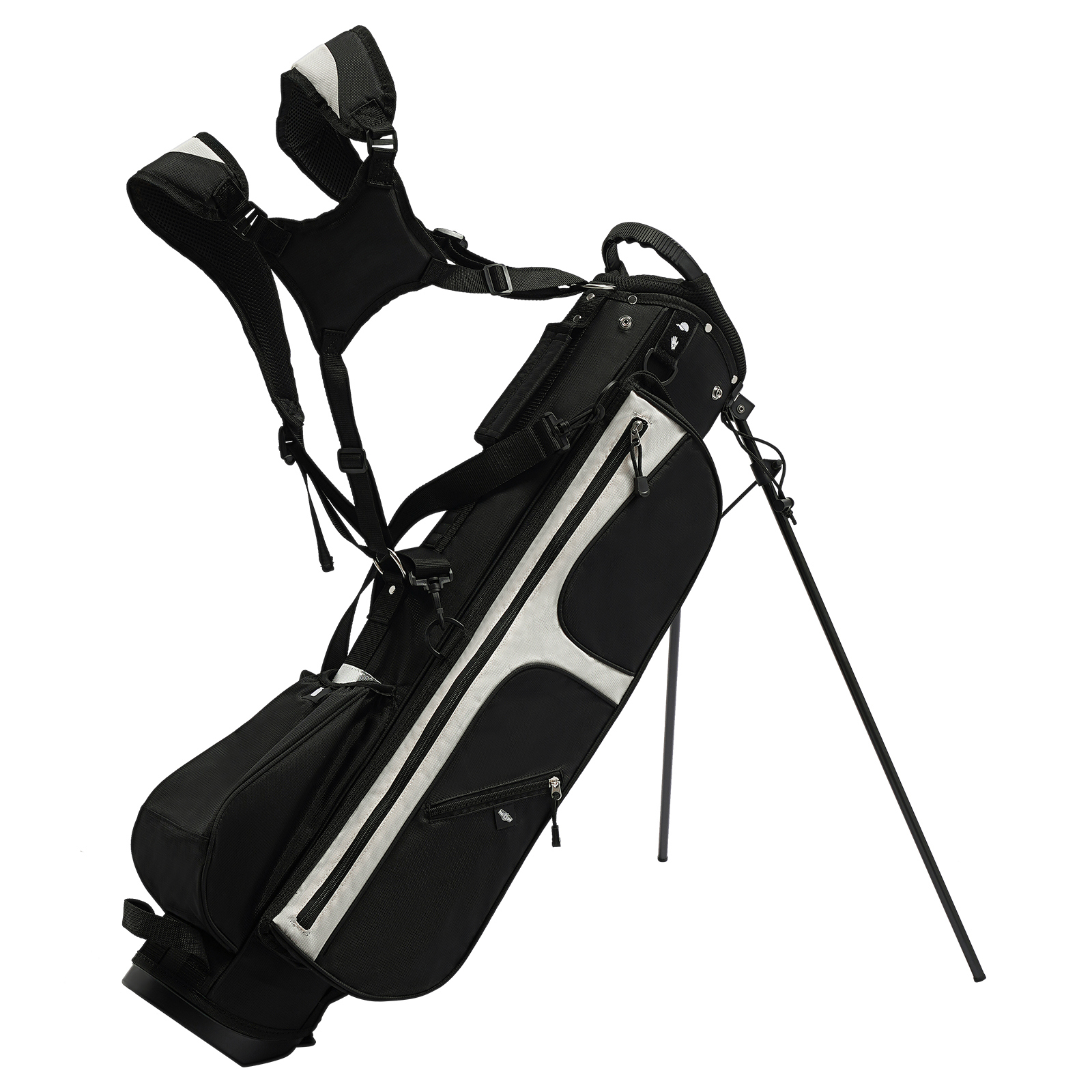 ToppiJoy Portable Golf Stand Bag Lightweight with 3 Dividers & 5 Pockets, Adjustable Shoulder Strap, Stable Stand for Driving Range, Par 3 & Executive Courses(Black+White)