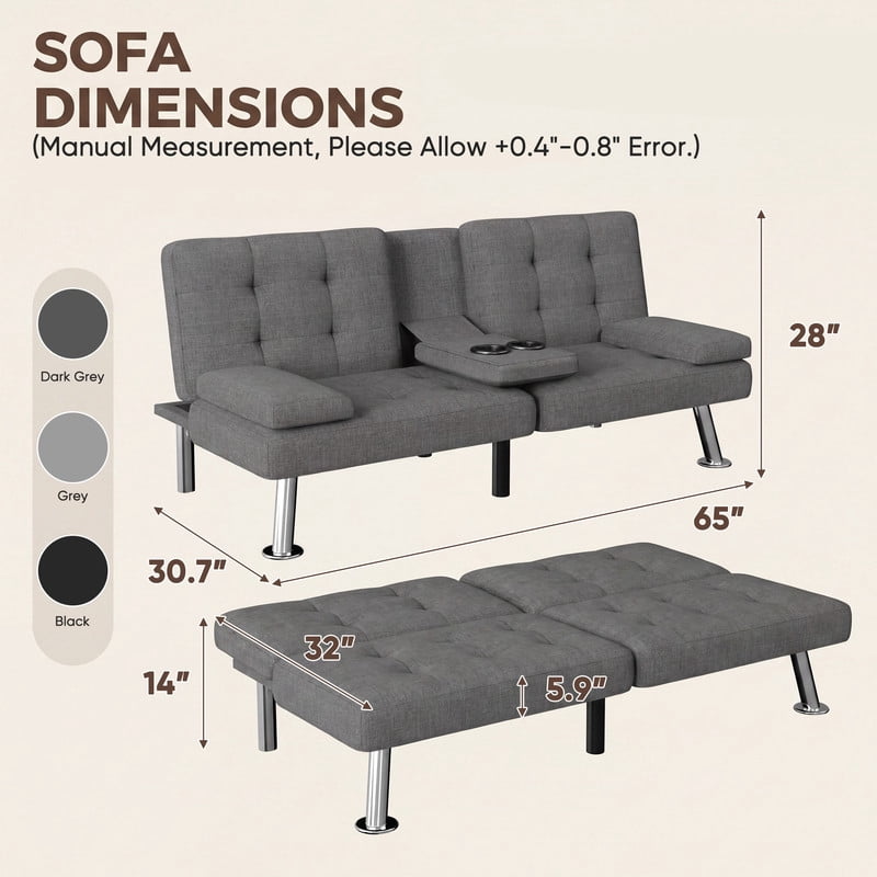 Lacoo Futon Sofa Bed, Linen Convertible Couch Sleeper Sofa, Cup Holders, Small Spaces,Drak Gray
