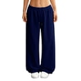 thumbnail image 2 of Women's Low Rise Wide Leg Sweatpants, Elastic Drawstring Waist Loose Pants, Soft Casual Lounge Pants for Everyday Wear, Home, Errands and Relaxed Outfits Navy S, 2 of 8