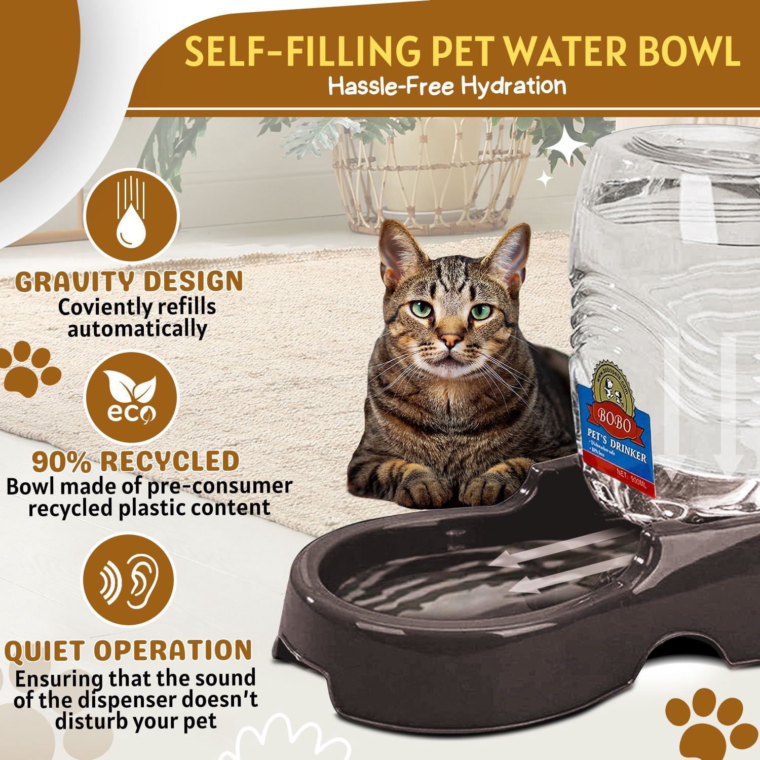 Automatic Gravity Pet Waterer for Cat & Dog - Non-Skid & Easy-Clean Auto Replenish Water Dispenser Drinking Bowl (3/8 Gallon / 1.5L), Black