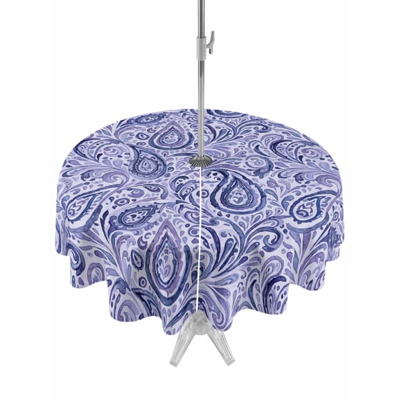 Outdoor Tablecloths with Umbrella Hole & Zipper, Purple Navy Blue Round Tablecloth 54 Inch, Retro Botanical Abstract Art Waterproof Table Cloth, Patio/Pool/Picnic Table Covers