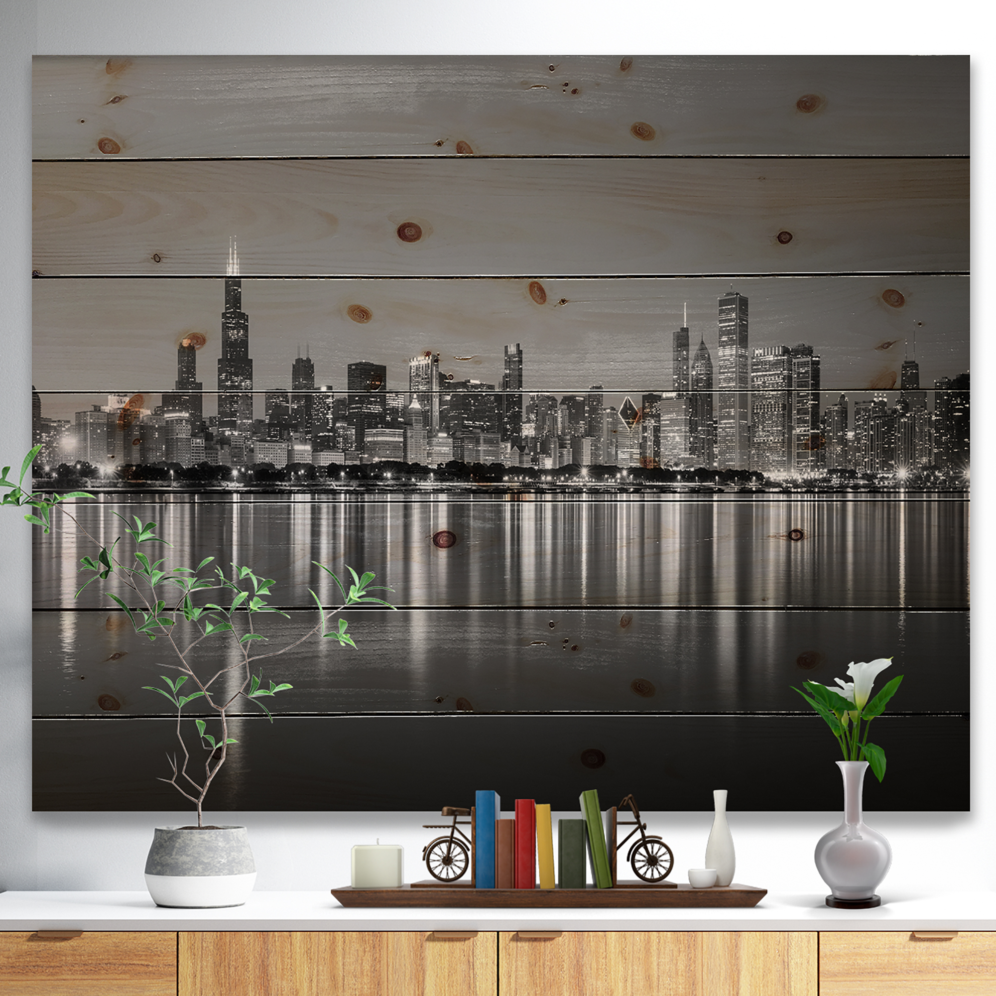 Designart 'Chicago Skyline at Night Black and White' Cityscape Print on Natural Pine Wood