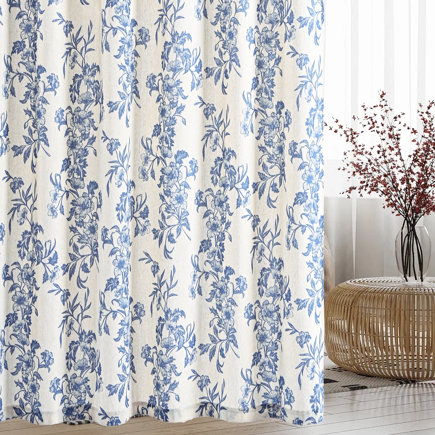 Alishomtll Floral Curtains for Living Room Farmhouse Country Linen Curtains Light Filtering Window Drapes,Blue ,52"x63", 2 Panels