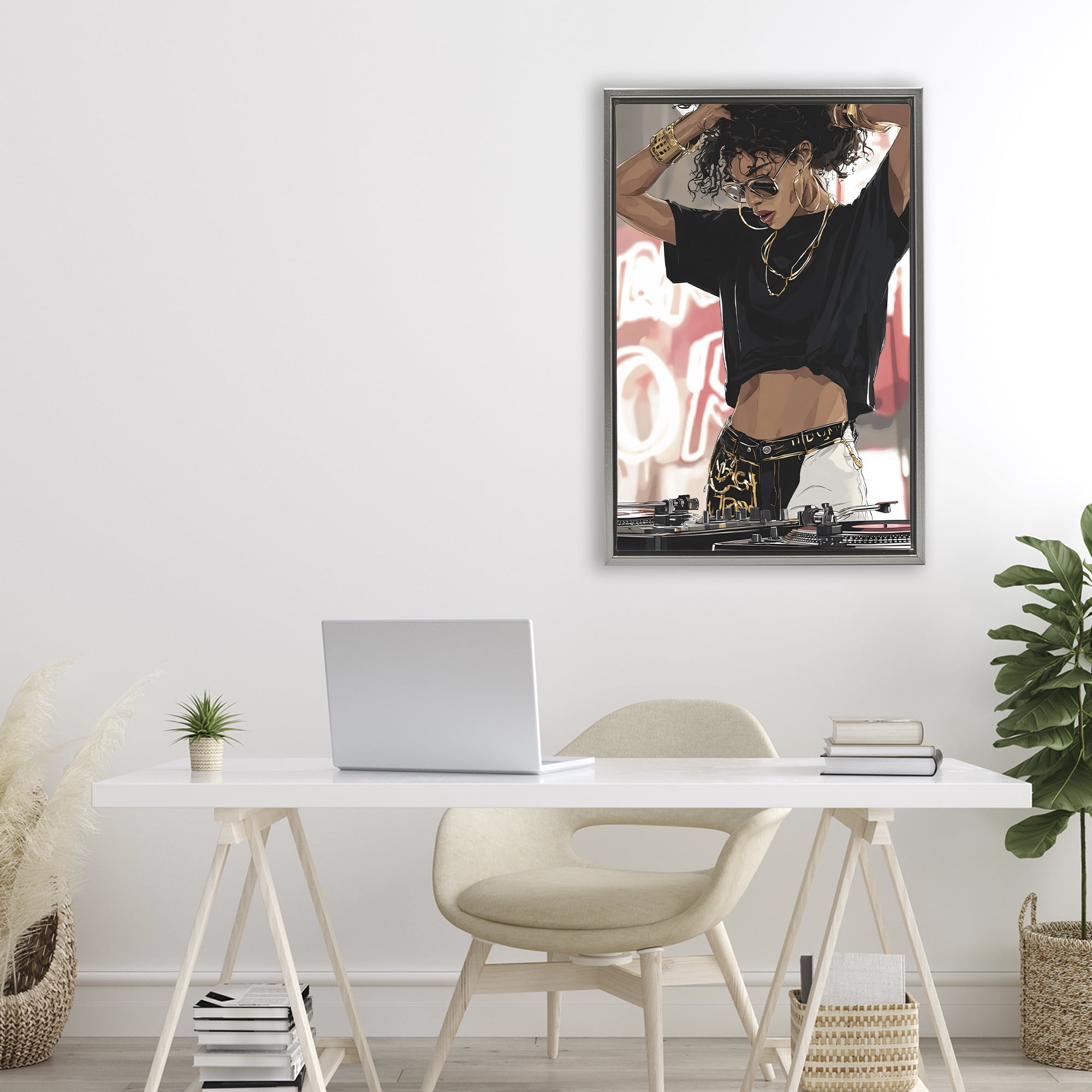 Stupell Industries Trendy Female DJ Musician Gray Framed Floater Canvas Wall Art, design by Franklyn Gregory