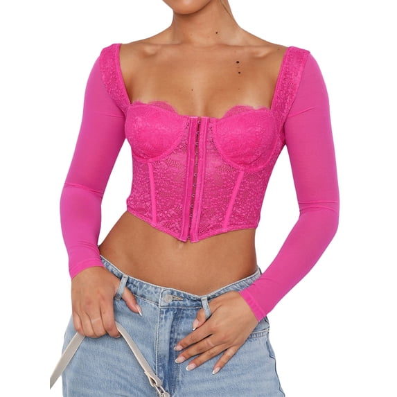Coduop Women's Long Sleeve Corset Crop Tops Lace Patchwork Slim Fit Bustier T-Shirts