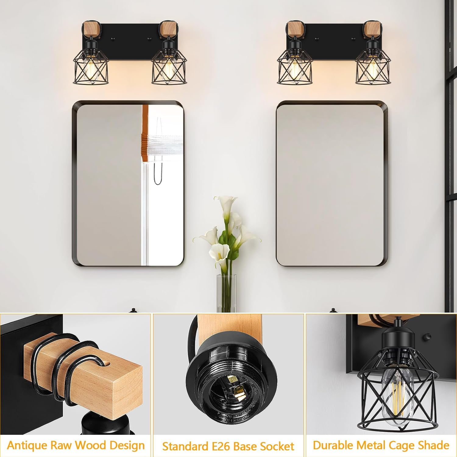 2-Light Bathroom Light Fixtures over Mirror Bathroom Vanity Light Farmhouse Black Bathroom Lighting Fixtures with Metal Lampshade for Bedroom, Hallway, Living Room