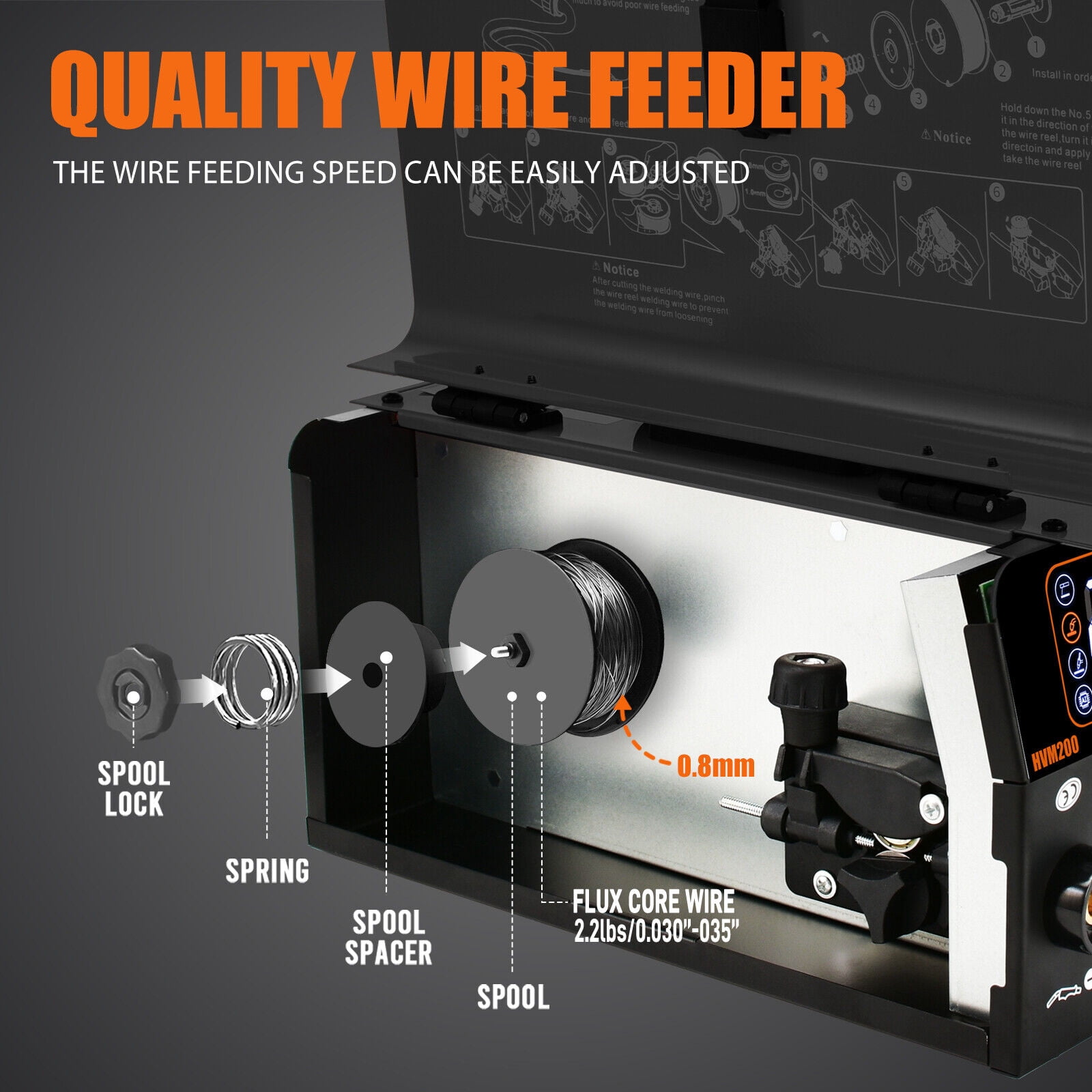 H HZXVOGEN 200A Gasless MIG Welder, 3-in-1 Flux Core/Lift TIG/MMA, 110V Portable IGBT Inverter with Digital Display, HVM200