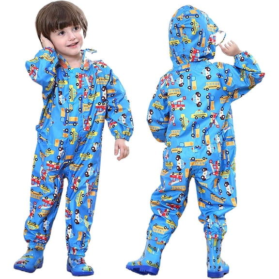 YOUI-GIFTS Toddler Rain Suit with Hood Waterproof Coverall Kids Baby One Piece Rainsuit Outdoors Rain Wear 1-7 Years
