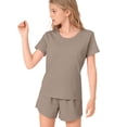 thumbnail image 5 of CPNG Girls 2 Piece Short Set Kids Summer Outfit Soft Solid Color Short Sleeve Crewneck T-shirt Elastic Waist Shorts Sweatsuit Set(Light Ashy,13-14 Years), 5 of 9
