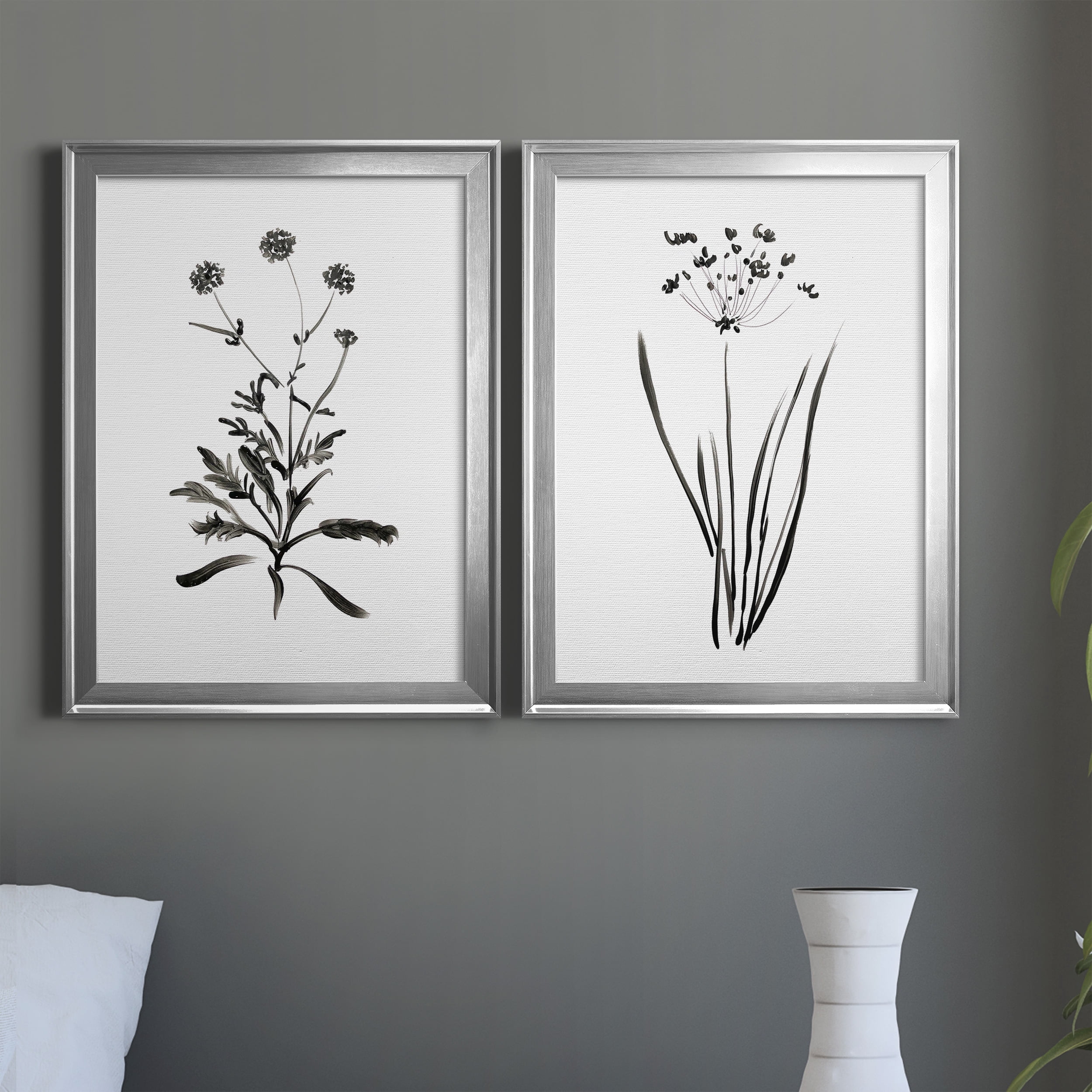 2 Piece Set Inky Botanical I Premium Framed Canvas - Ready to Hang - 18.5 x 24.5 Each - Silver Frame