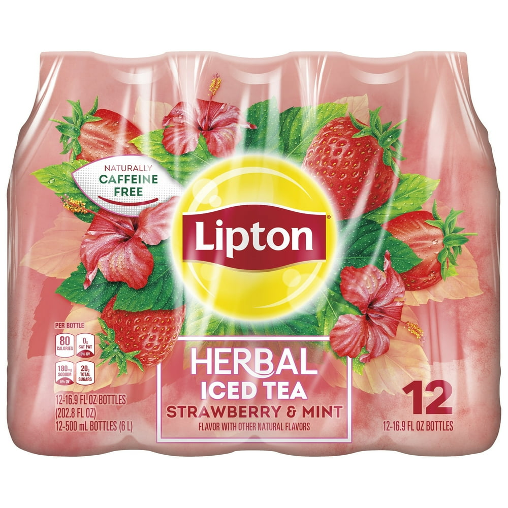 (12 Bottles) Lipton Herbal Iced Tea, Strawberry & Mint, 16.9 fl oz