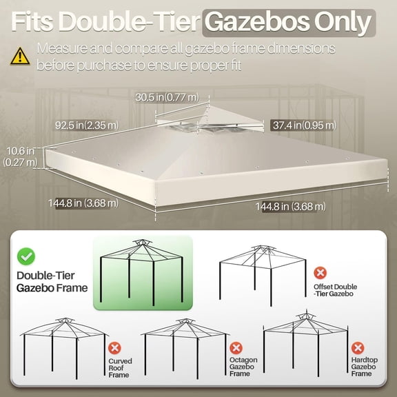 Gazebo Cover Replacement Canopy Top 12x12 Ft (3.6m x 3.6m) - Double Tier Top Canopy Cover Replacement with UV30 , Dirt, Water Resistant for Outdoor, Sunshade, Garden, , Pavilion (Ivory)