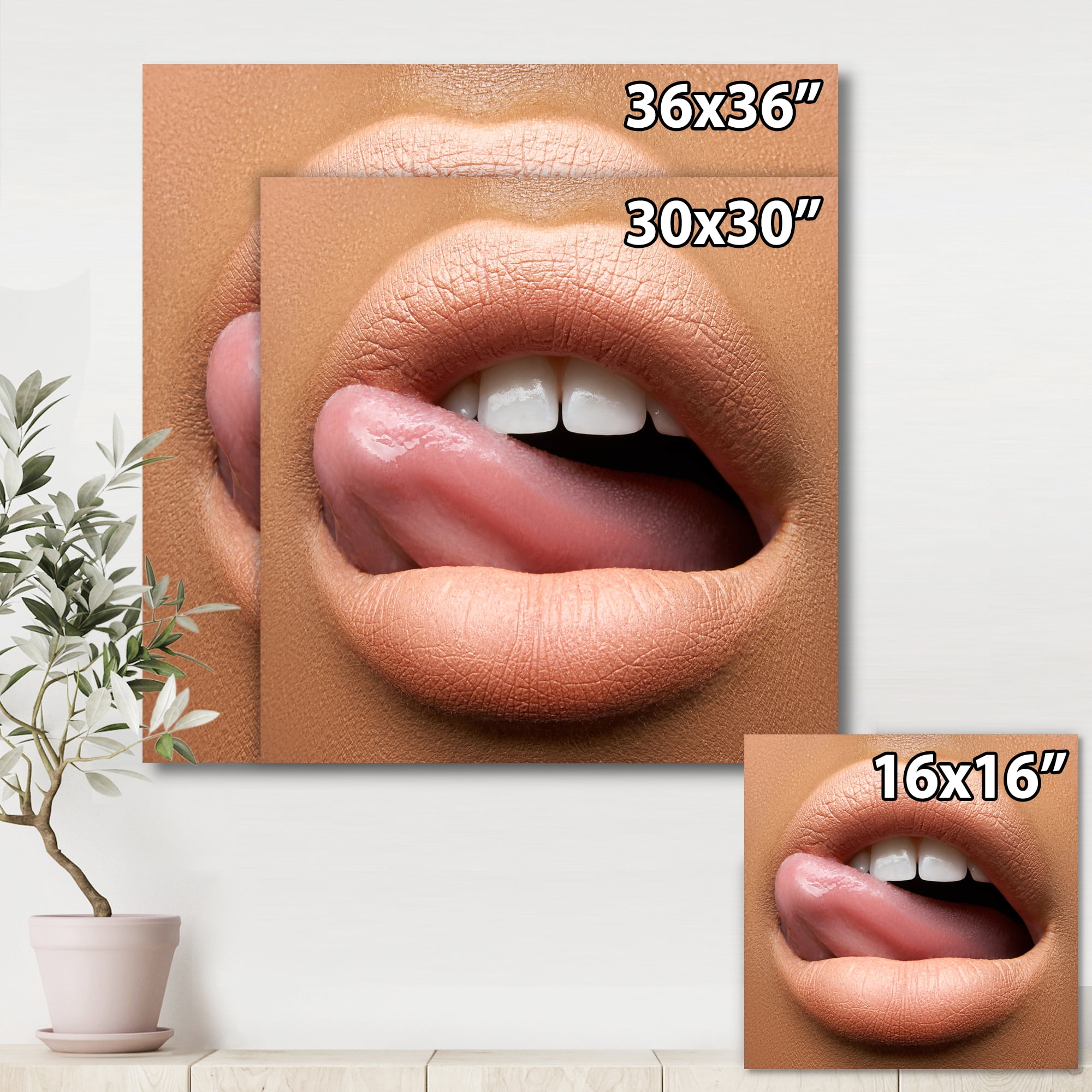 Designart ' Beautiful Dark Skinned Female Tongue Touching Lips ' Modern Canvas Wall Art Print