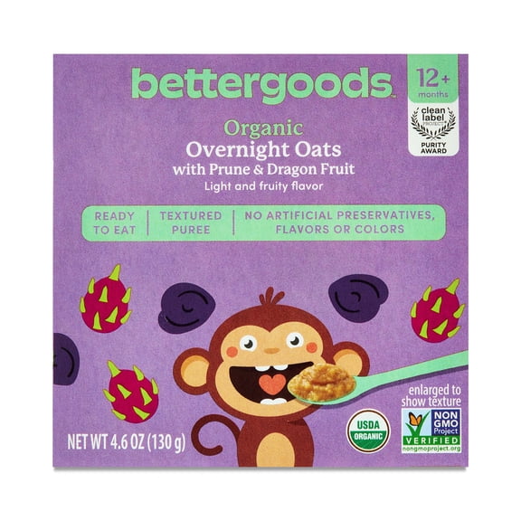 bettergoods Organic Stage 4 Baby Food Overnight Oats with Prune and Dragon Fruit, 4.6 oz Tub