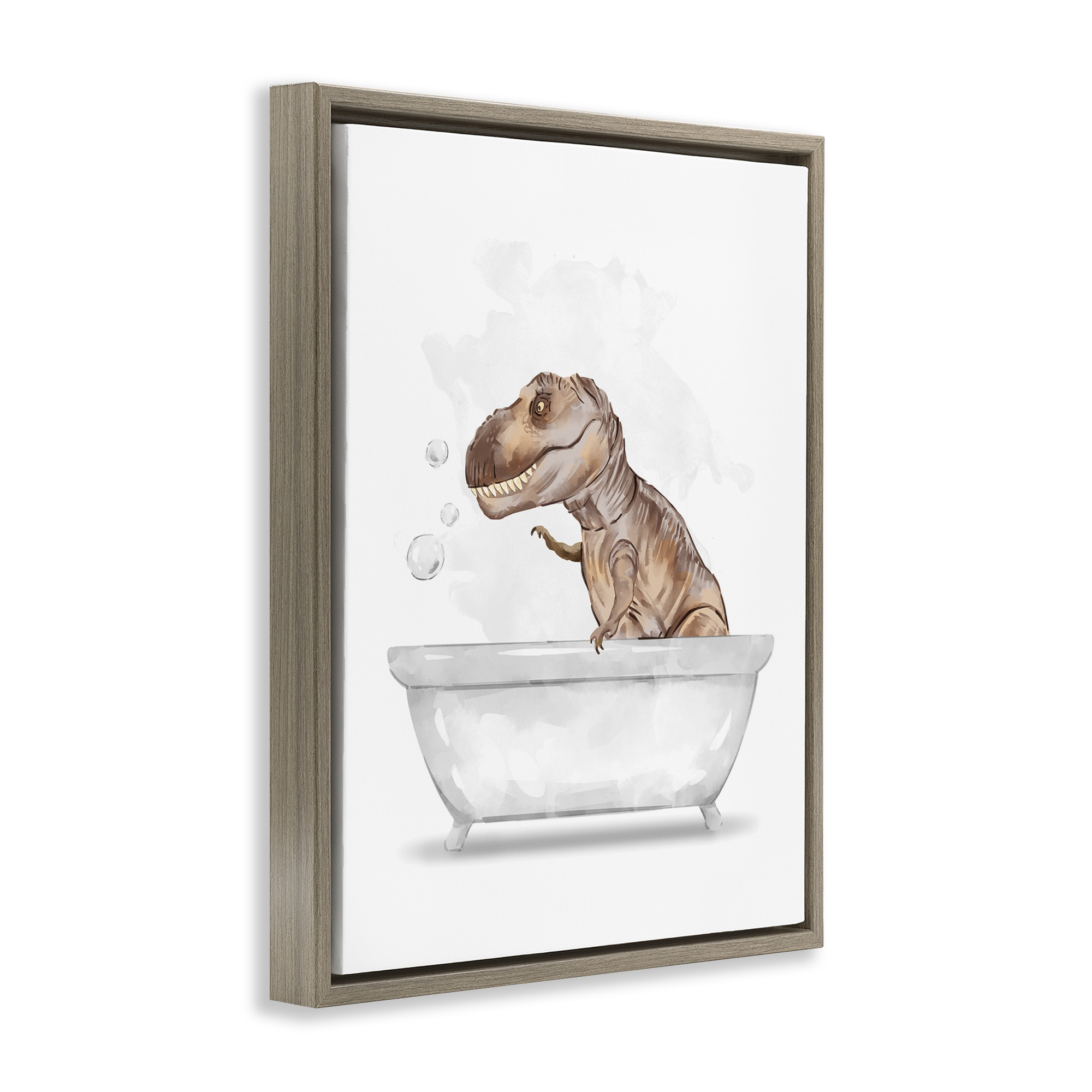 Stupell Industries T-Rex Dino in Bubble Bath Animals & Insects Painting Brown Floater Framed Canvas Art Print Wall Art, 25 x 31