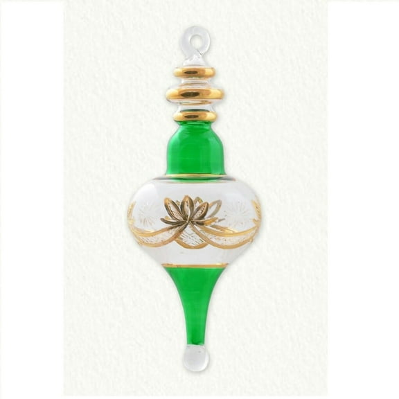 Green and Gold Etched Finial Egyptian Glass Christmas Ornament Made in Egypt